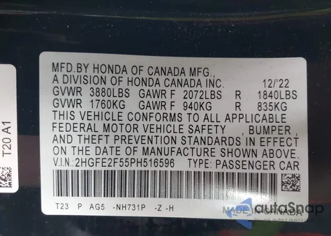 2023 Honda Civic Sport z USA, uszkodzony, nr VIN 2HGFE2F55PH516596